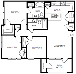 Three Bedroom / Two Bath - 1,167 Sq. Ft.*